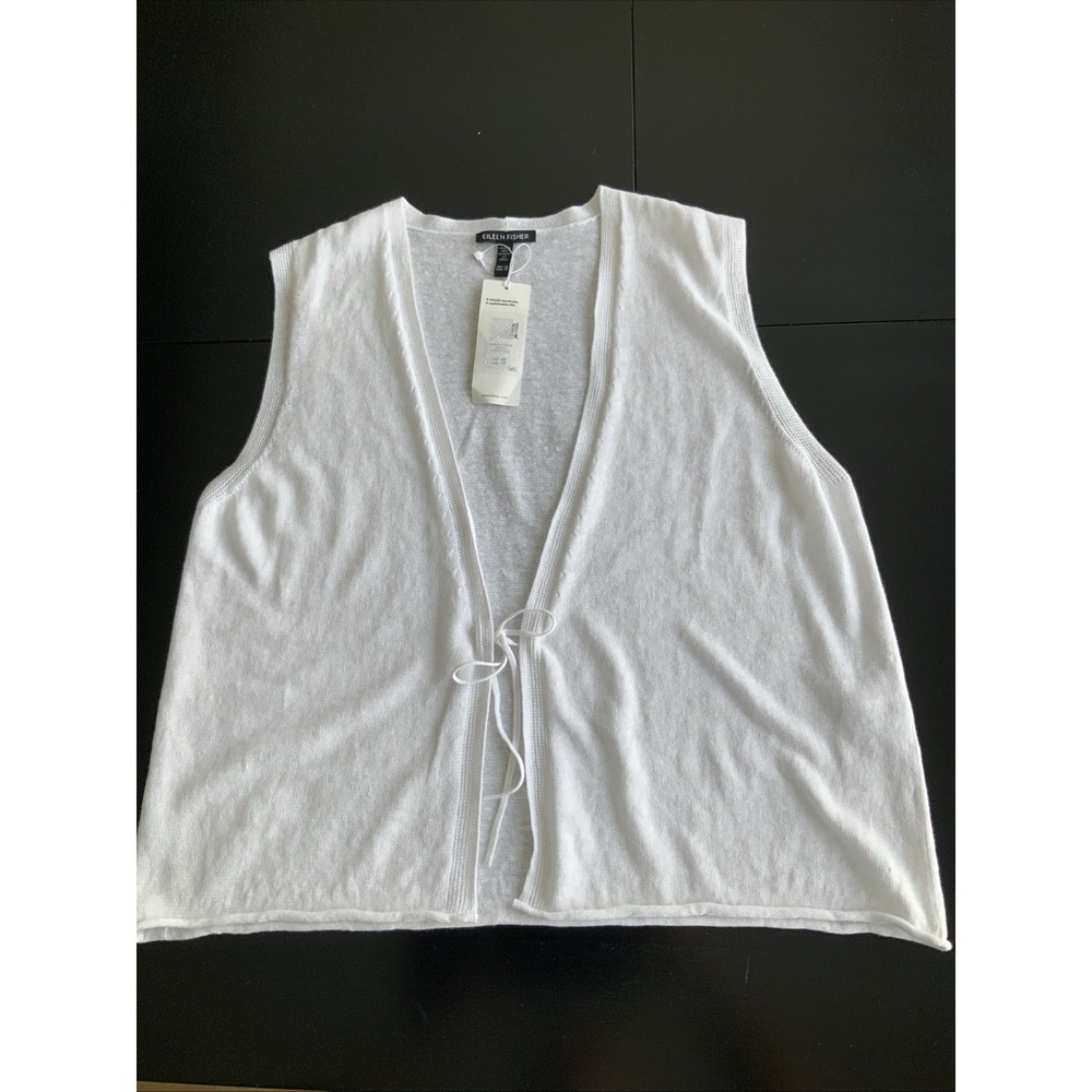 Eileen Fisher Linen Cotton Knit V Neck Vest Tie White Size XS Oversized NWT $188